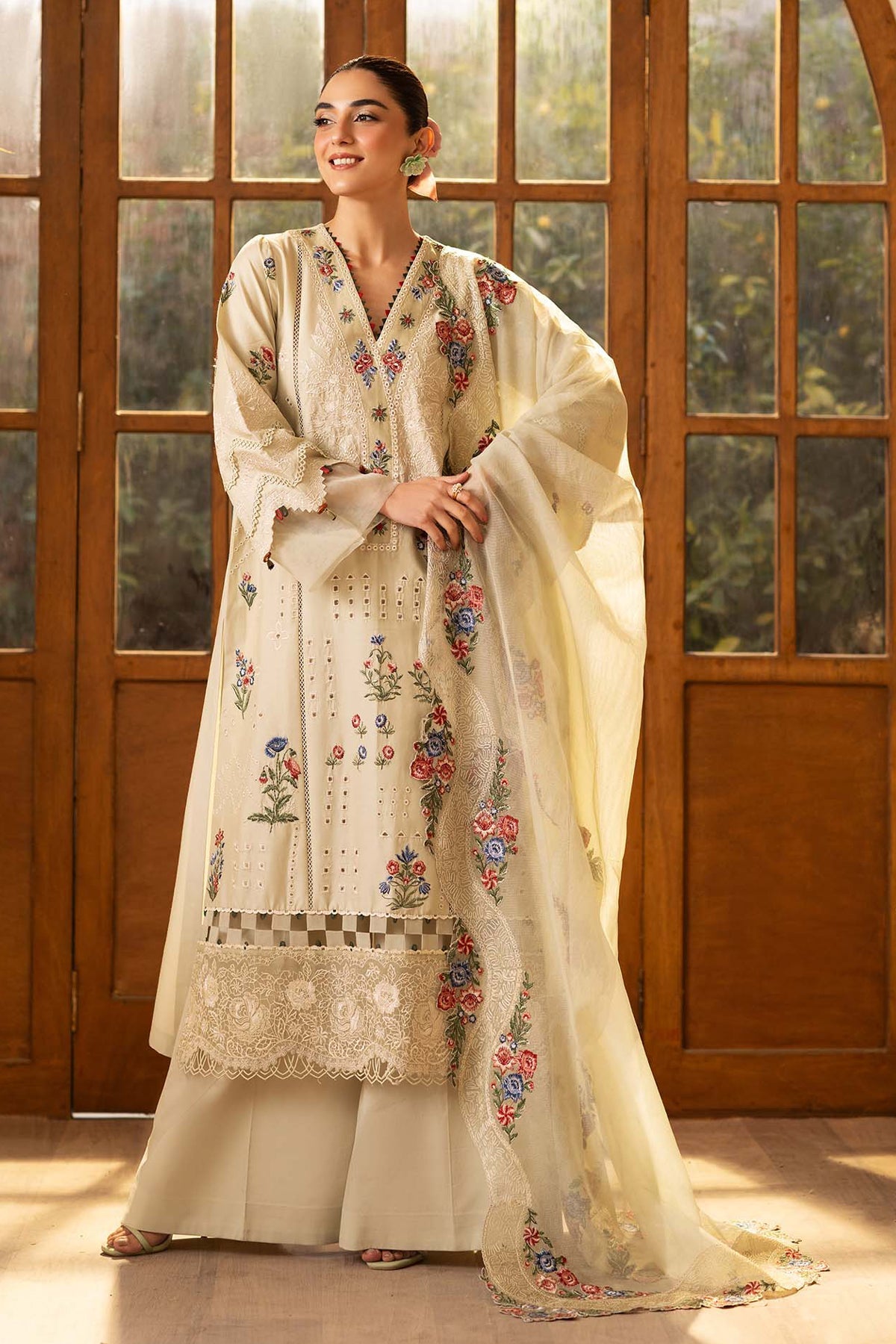 MARYAM HUSSAIN-3PC LAWN EMBROIDERED SHIRT WITH KHAADI NET EMBROIDERED DUPATTA AND TROUSER-WM -4634